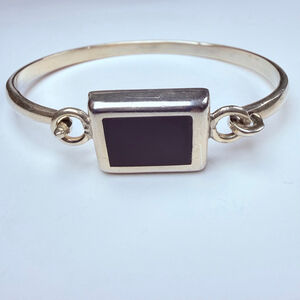 Taxco Modernist Black Onyx Sterling Silver Hinged Bangle Vintage Bracelet Mexico